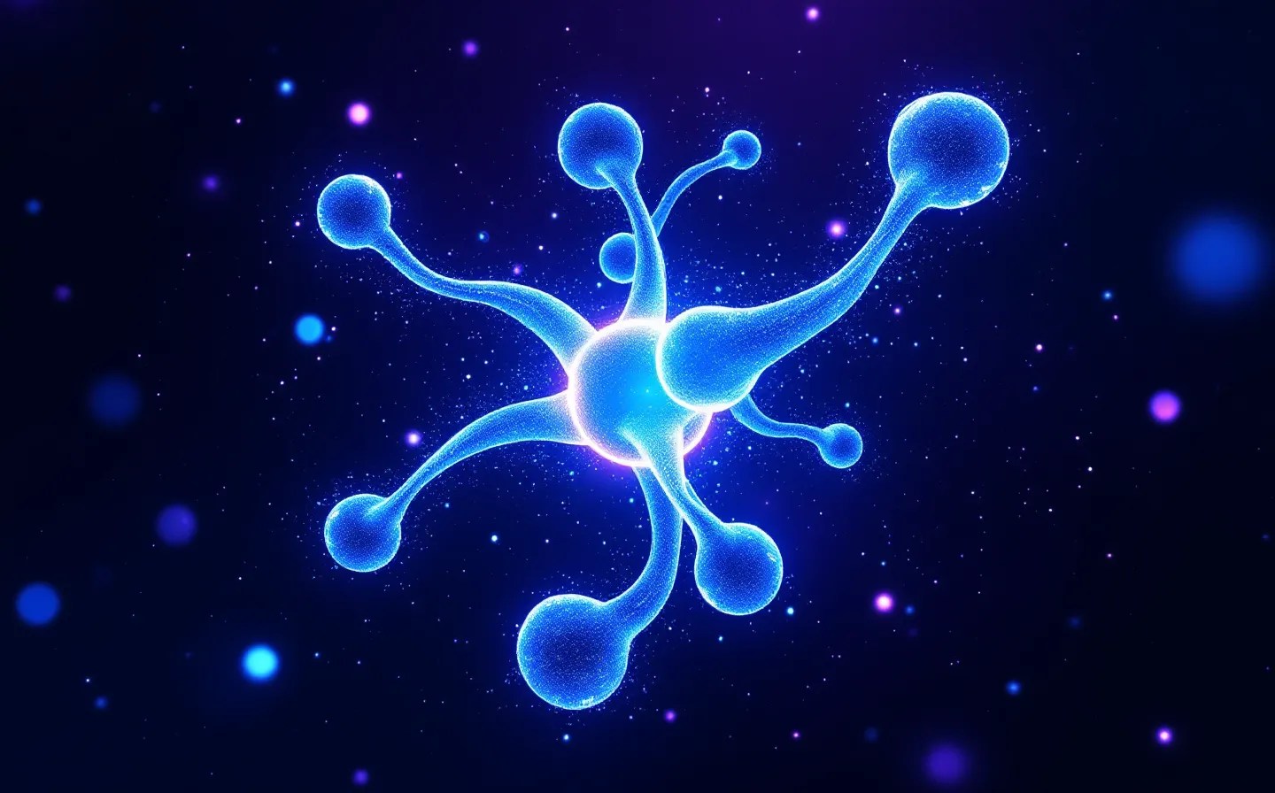 A luminous spatial VR schematic of an electric-blue seven-bead peptide fragment capping both ends of a cyan G-actin monomer, floating in a deep indigo void with soft glow